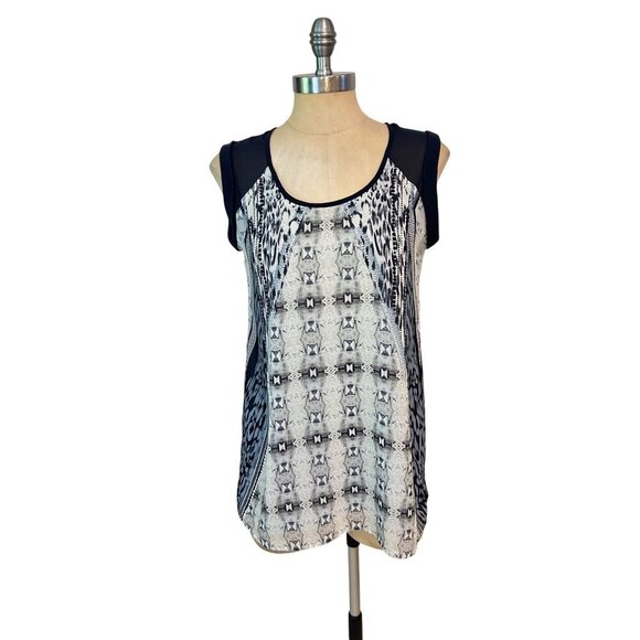 CAbi Mixed Print Tunic Top 253 Chiffon Summer Spring Blue Blouse Small - Picture 3 of 7